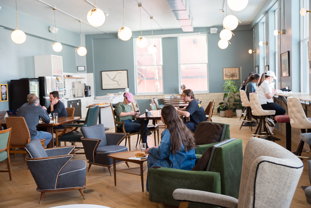 Members working in the main coworking area at Fulton Commons Pittsburgh